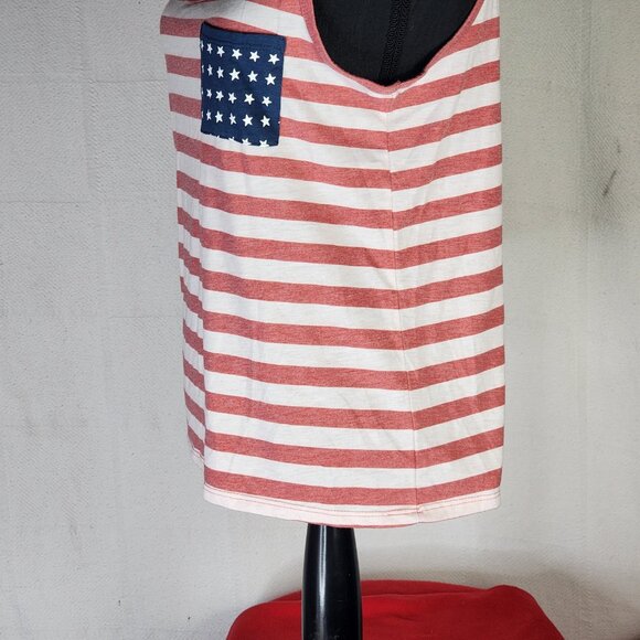 Fifth Sun Red White Stripe Blue Pocket with White Stars Poly Rayon Tank Top Sz L - Picture 9 of 16